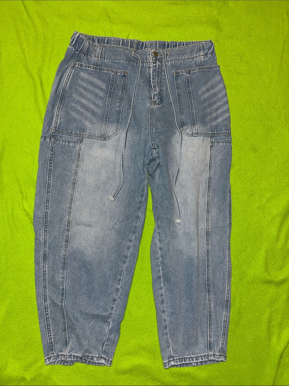Women's Light Blue Denim Cargo Joggers with Drawstring Waist